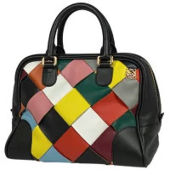 Loewe Handbags - Loewe Anagram Handbag Boston Woven Leather Black Multicolor